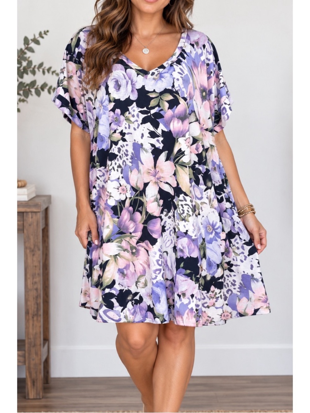Honeyme Floral V-Neck Tunic Dress – Size Large